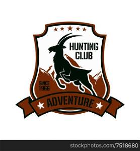 Hunting badge shield design with dark green silhouette of jumping wild goat with snowy mountain peaks on the background, ornated by stars and ribbon banner. Hunting badge for sporting club design with goat