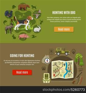 Hunting Banners Set. Hunting horizontal banners set with dog and hunting equipment symbols flat isolated vector illustration
