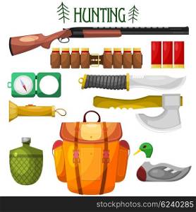 Hunting cartoon Icons. Set of vector cartoon icons of hunting. Illustration for hunting &#xA;objects: knife, an ax, backpack, gun, compass, cartridge, flashlight, water bottle, bait. Stock vector