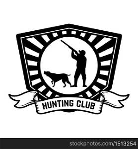 Hunting club emblem template. Hunter with hunting dog. Design element for logo, label, sign, poster, banner. Vector illustration