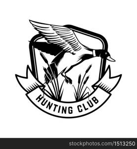 Hunting club. Emblem template with wild duck. Design element for poster, card, banner, flyer. Vector illustration