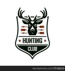 Hunting club heraldic badge design. For association of hunters or sporting club design with a head of a red deer stag pierced by arrows on a shield. Hunting club heraldic badge design with red deer