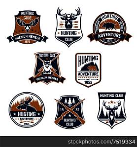 Hunting club icons set. Vector hunt sports emblems and labels with animals, boar, deer, elk, bear, antlers, owl, rifles, arrows, forest. Hunter premium membership identity badge, t-shirt outfit. Hunting sport club icons and emblems