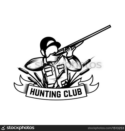 Hunting club.Illustration of hunter with rifle isolated on white background. Design element for logo, label, emblem, sign. Vector illustration