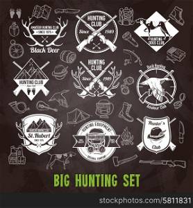 Hunting club labels and icons chalkboard set isolated vector illustration. Hunting Chalkboard Set