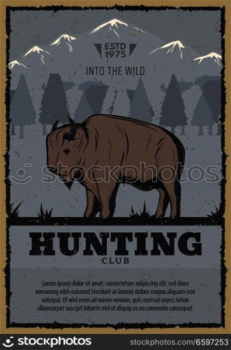 Hunting club or hunter open season vintage poster of buffalo or bison in snow mountains. Vector retro design for wild ox animal hunt adventure or hunter hobby concept. Vector vintage poster for buffalo hunt