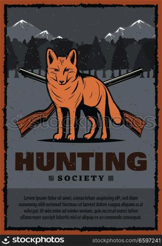 Hunting club or hunter society vintage poster of snow fox in mountains and crossed rifle guns. Vector retro design for wild hunt adventure in forest or hunter open season design. Vector vintage poster for fox hunt
