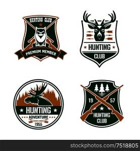 Hunting club shields set. Vector hunt sports emblems. Label elements with animals, birds, rifles, arrows, forest, mountains, owl, deer, elk. Hunter premium membership design for badge, t-shirt outfit. Hunting club shields set. Hunt sports emblems