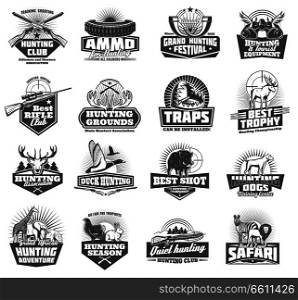 Hunting club symbols and wild animals icons, hunter open season adventure. Vector ammo rifle fun or knife and binoculars with trap, duck, elk or deer antlers and african safari zebra or lion. Hunting club icons. Vector animals and ammunition