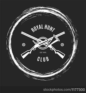 Hunting club vector emblem design with horn, guns and grunge elements. Hunting club grunge emblem