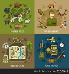 Hunting Concept Icons Set. Hunting concept icons set with equipment symbols flat isolated vector illustration