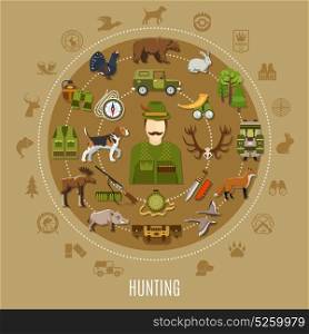 Hunting Concept Illustration. Hunting concept with uniform rifle dog and wild animals flat vector illustration