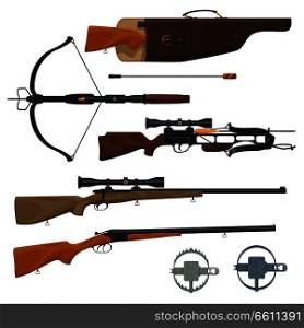 Hunting equipment and weapons icons. Vector rifle gun in holster, arbalest or crossbow arblast with optical sight and trap.Wild animals or hunt shooting training theme. Hunting equipment and gun, vector
