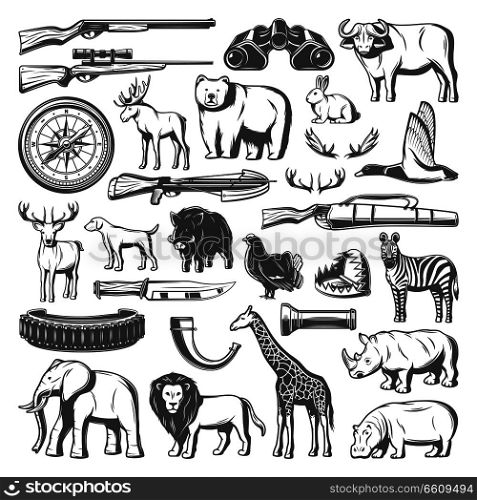 Hunting equipment and wild animals icons. Vector rifle gun, zebra and giraffe, elephant and rhino, duck and elk, crossbow and trap, bear and buffalo, hunting dog, knife and hippo, compass, binoculars. Wild animals and hunting equipment icons, vector