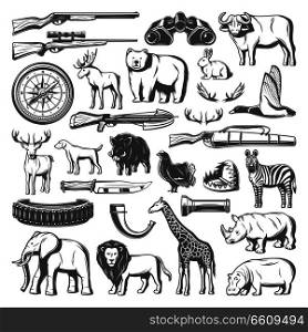 Hunting equipment and wild animals icons. Vector rifle gun, zebra and giraffe, elephant and rhino, duck and elk, crossbow and trap, bear and buffalo, hunting dog, knife and hippo, compass, binoculars. Wild animals and hunting equipment icons, vector