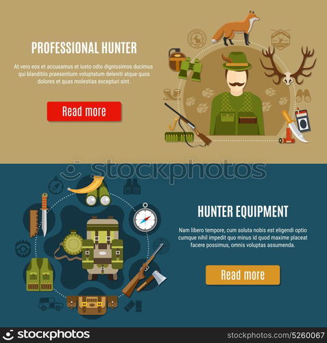 Hunting Equipment Banners Set. Hunting equipment horizontal banners set with compass and rifle symbols flat isolated vector illustration