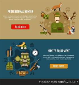 Hunting Equipment Banners Set. Hunting equipment horizontal banners set with compass and rifle symbols flat isolated vector illustration