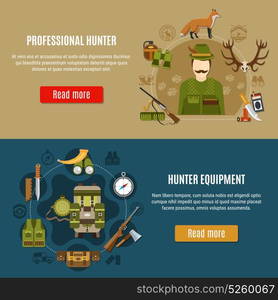 Hunting Equipment Banners Set. Hunting equipment horizontal banners set with compass and rifle symbols flat isolated vector illustration