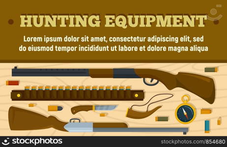 Hunting equipment concept banner. Flat illustration of hunting equipment vector concept banner for web design. Hunting equipment concept banner, flat style