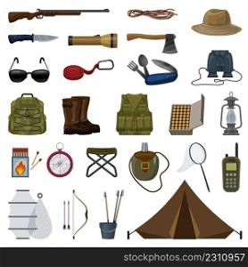 Hunting equipment icons set cartoon vector. Fishing c&ing. Gun adventure. Hunting equipment icons set cartoon vector. Fishing c&ing