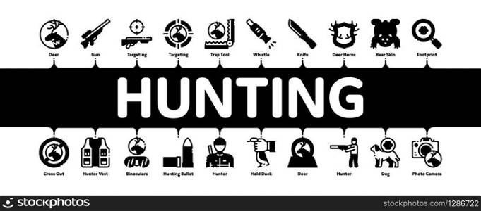 Hunting Equipment Minimal Infographic Web Banner Vector. Hunting Gun And Knife, Bullet And Trap, Dog And Deer, Photo Camera And Magnifier Illustrations. Hunting Equipment Minimal Infographic Banner Vector