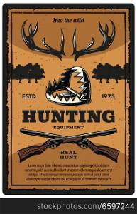 Hunting equipment shop retro poster for hunter open season club. Vector vintage design of elk antlers trophy, crosses rifle guns and wild animal trap for forest or outdoor hunt adventure. Vector vintage poster of hunting equipment