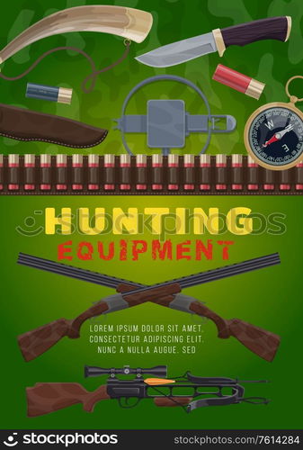 Hunting equipment, vector rifles, crossbow and horn, knife, compass, cartridge belt and trap. Sheath, shotgun and weapon bullets. Hunter sport ammunition on green camouflage background. Hunting equipment and weapon, cartoon vector