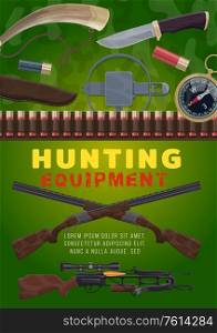 Hunting equipment, vector rifles, crossbow and horn, knife, compass, cartridge belt and trap. Sheath, shotgun and weapon bullets. Hunter sport ammunition on green camouflage background. Hunting equipment and weapon, cartoon vector