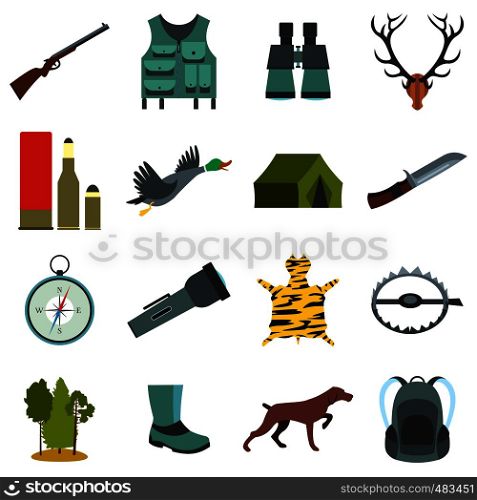Hunting flat icons set isolated on white background. Hunting flat icons