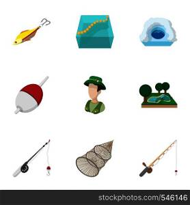 Hunting for fish icons set. Cartoon illustration of 9 hunting for fish vector icons for web. Hunting for fish icons set, cartoon style
