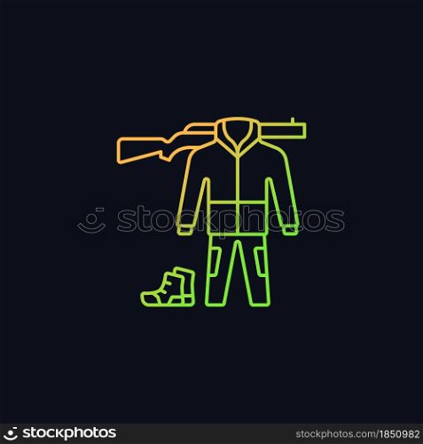 Hunting gear gradient vector icon for dark theme. Apparel for hunt. Camouflage outfit. Tools and weapon. Thin line color symbol. Modern style pictogram. Vector isolated outline drawing. Hunting gear gradient vector icon for dark theme