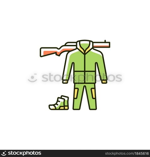 Hunting gear RGB color icon. Apparel for hunt. Camouflage outfit. Tools and weapon. Survival gear and supplies. Hiking and travel kit. Isolated vector illustration. Simple filled line drawing. Hunting gear RGB color icon