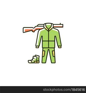 Hunting gear RGB color icon. Apparel for hunt. Camouflage outfit. Tools and weapon. Survival gear and supplies. Hiking and travel kit. Isolated vector illustration. Simple filled line drawing. Hunting gear RGB color icon