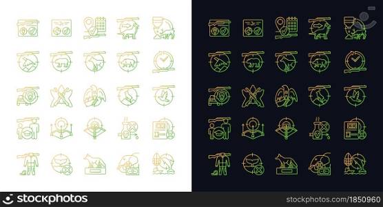 Hunting gradient icons set for dark and light mode. Wildlife animal and bird hunt. Pursue prey. Thin line contour symbols bundle. Isolated vector outline illustrations collection on black and white. Hunting gradient icons set for dark and light mode