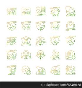 Hunting gradient linear vector icons set. Wildlife animal and bird hunt. Pursue and capture prey. Shooting and trapping. Thin line contour symbols bundle. Isolated outline illustrations collection. Hunting gradient linear vector icons set