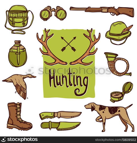 Hunting hand drawn icons set with dog weapon deer horns isolated vector illustration. Hunting Icons Set