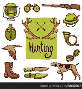 Hunting hand drawn icons set with dog weapon deer horns isolated vector illustration. Hunting Icons Set