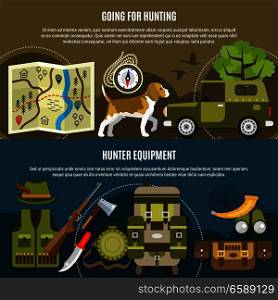 Hunting horizontal banners set with dog car and supplies symbols flat isolated vector illustration. Hunting Horizontal Banners Set