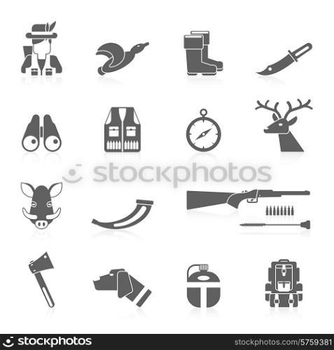 Hunting icon black set with vest horn rifle flask isolated vector illustration. Hunting Icon Black Set