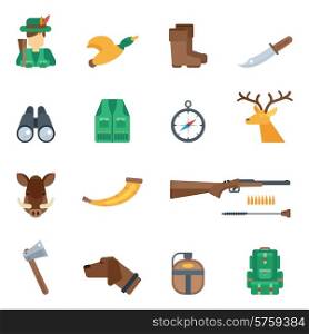 Hunting icons flat set with knife hunter duck boots binoculars isolated vector illustration