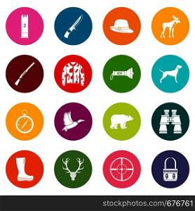 Hunting icons many colors set isolated on white for digital marketing. Hunting icons many colors set