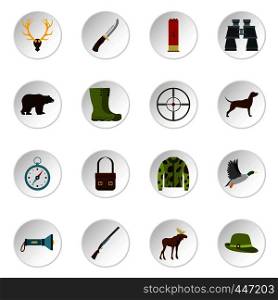 Hunting icons set in flat style. Hunters equipment set collection vector icons set illustration. Hunting icons set in flat style