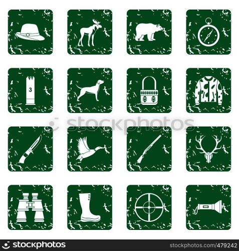 Hunting icons set in grunge style green isolated vector illustration. Hunting icons set grunge