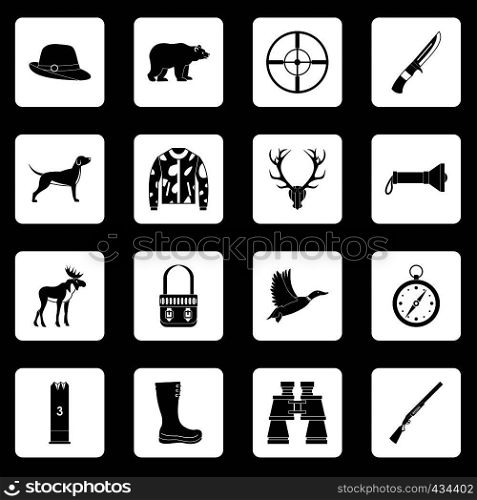 Hunting icons set in white squares on black background simple style vector illustration. Hunting icons set squares vector