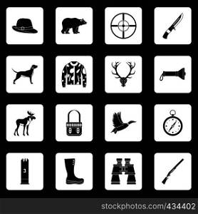 Hunting icons set in white squares on black background simple style vector illustration. Hunting icons set squares vector