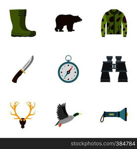 Hunting in forest icons set. Flat illustration of 9 hunting in forest vector icons for web. Hunting in forest icons set, flat style