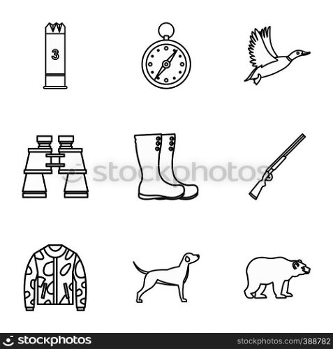 Hunting in forest icons set. Outline illustration of 9 hunting in forest vector icons for web. Hunting in forest icons set, outline style