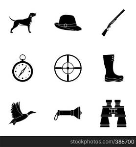 Hunting in forest icons set. Simple illustration of 9 hunting in forest vector icons for web. Hunting in forest icons set, simple style