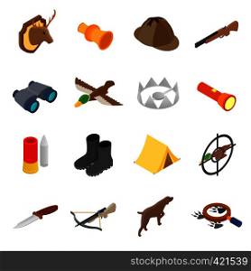 Hunting isometric 3d icons set isolated on white background. Hunting isometric 3d icons