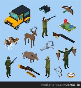 Hunting Isometric Icon Set. Colored and isolated hunting isometric icon set with attributes equipment and means of transport vector illustration